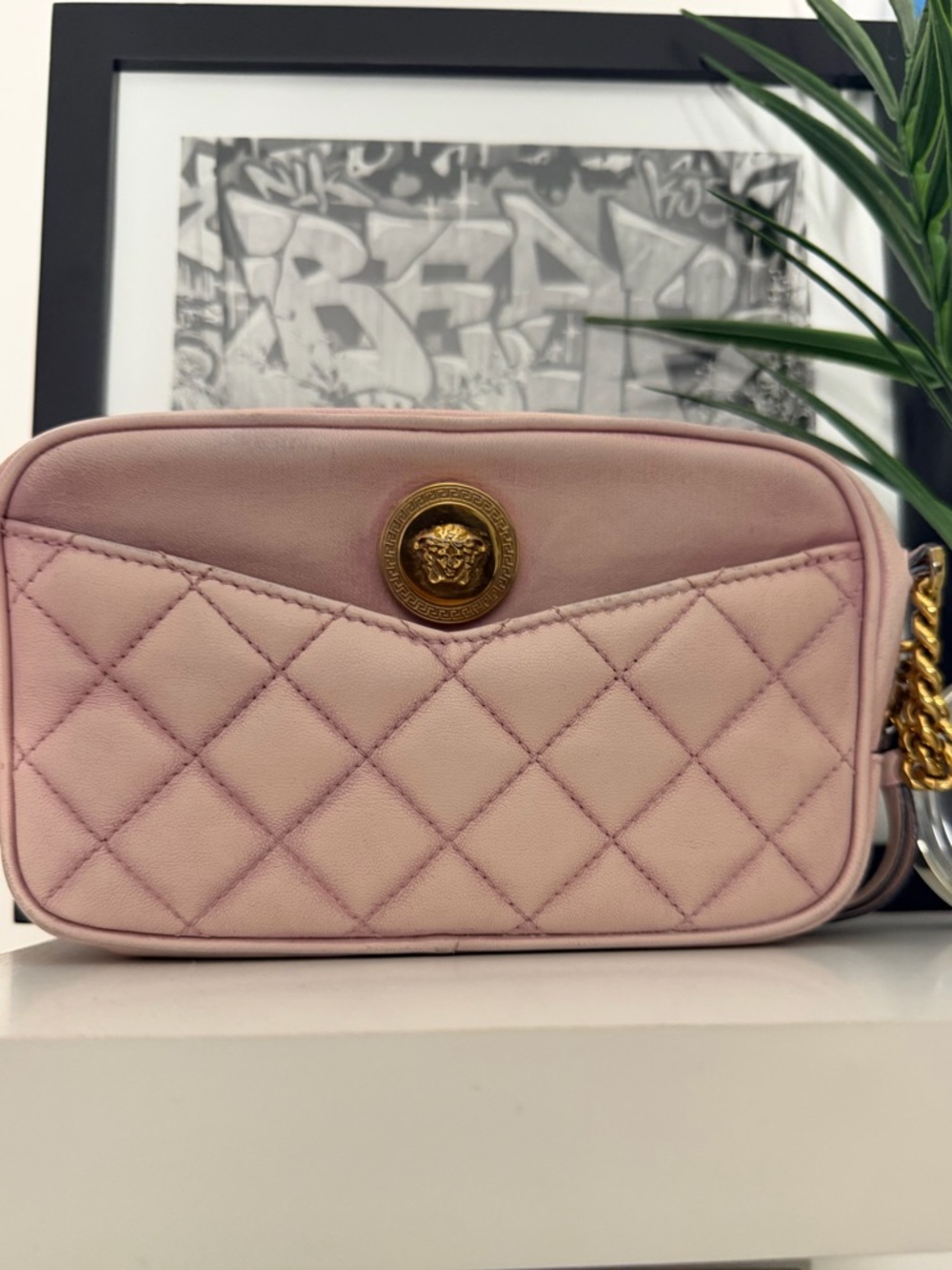 Versace Pink Quilted Leather Crossbody with Gold Medusa Accent